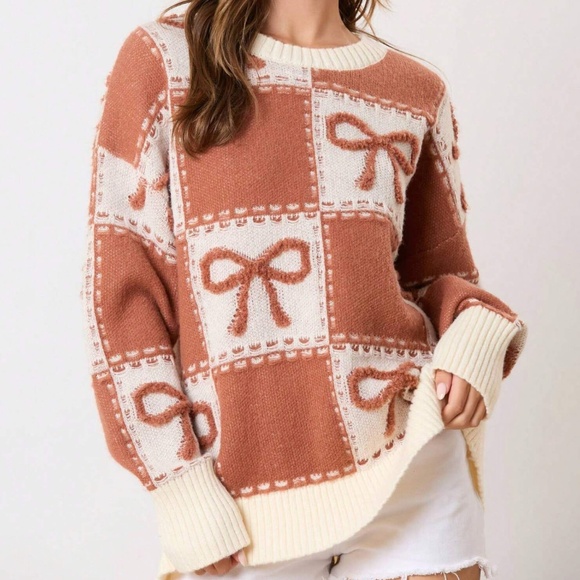 Cozy Bow Print Color Block Oversized Sweater Top - Picture 5 of 10